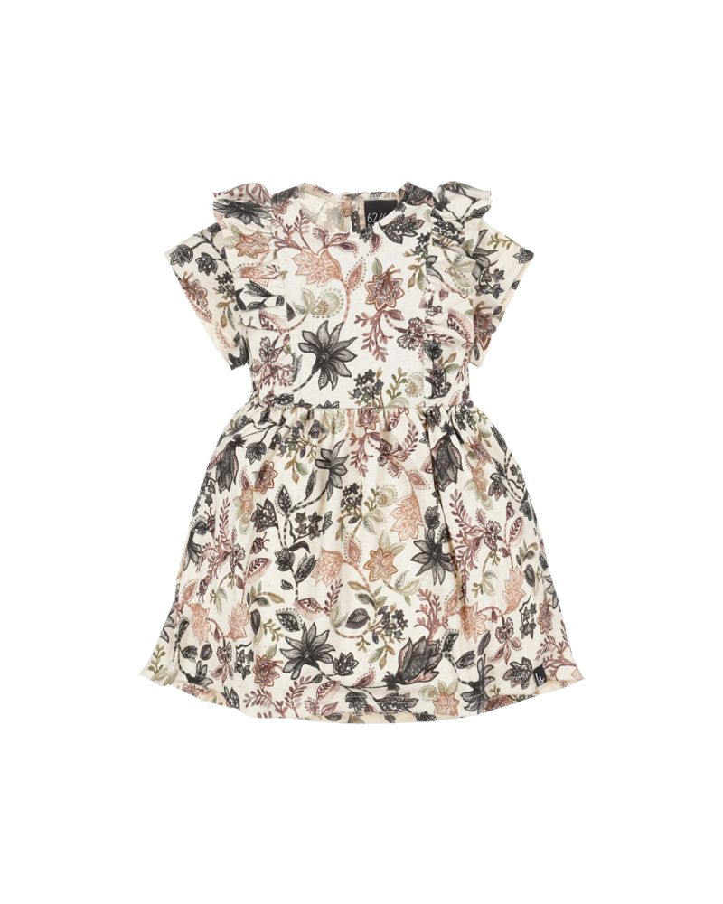 High waist dress bohemian flowers olive short sleeve
