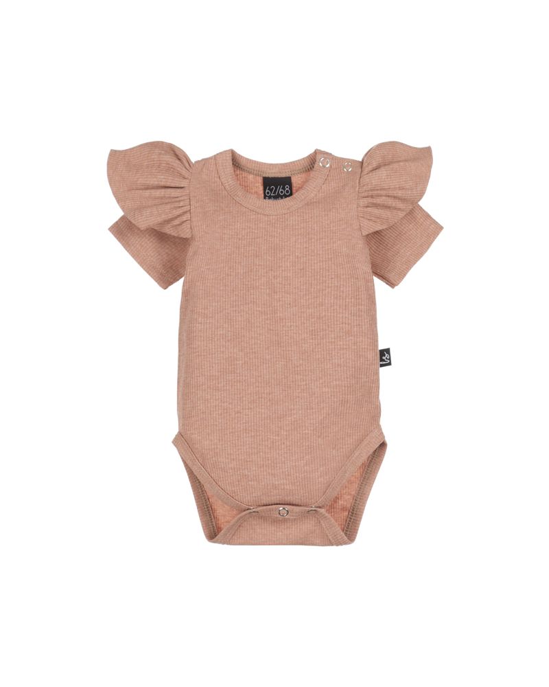 Ruffle romper rib gemeleerd clay pink (korte mouw)